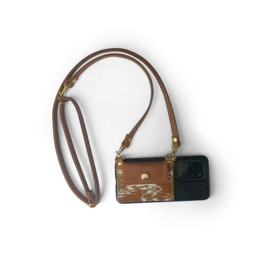 Eva Phone Wallet In Cognac Leather | Brown+White (Pre Made)
