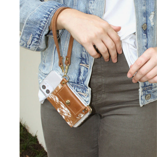 Eva Phone Wallet In Cognac Leather | Brown+White (Pre Made)