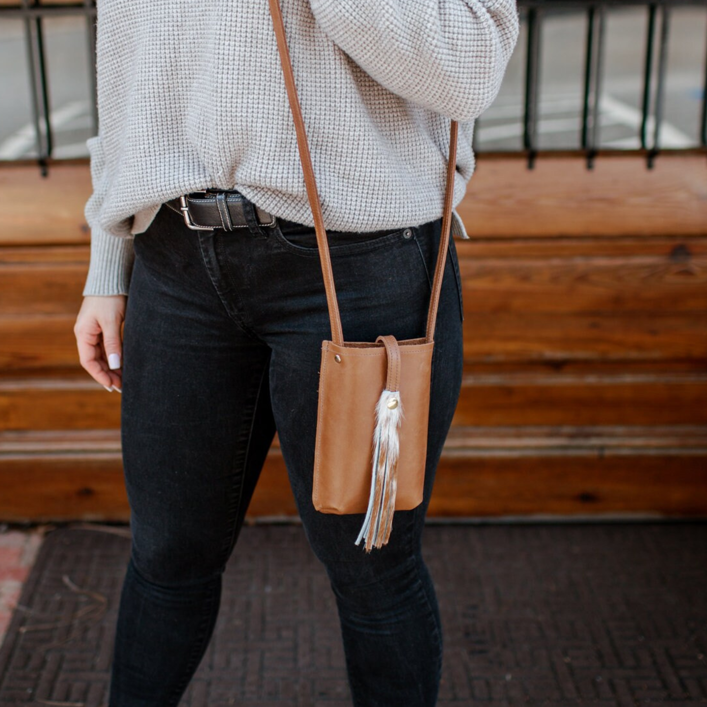Leather Phone Purse Too - Phone Case with Tassel - Mini Bag - Gold Phone Cover with Cross Body Strap and Pocket