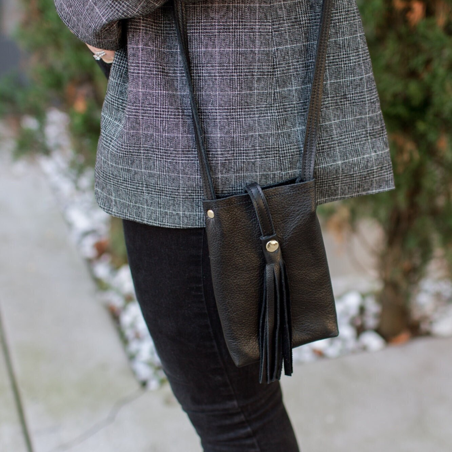 Leather Phone Purse Too - Phone Case with Tassel - Mini Bag - Gold Phone Cover with Cross Body Strap and Pocket