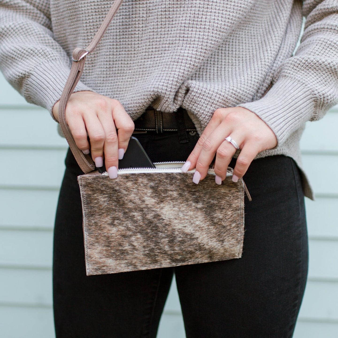 Zoe Cowhide Crossbody | Brindle Cowhide Fur Purse - Light Brown Leather with hair on Bag and Wallet Card Pockets