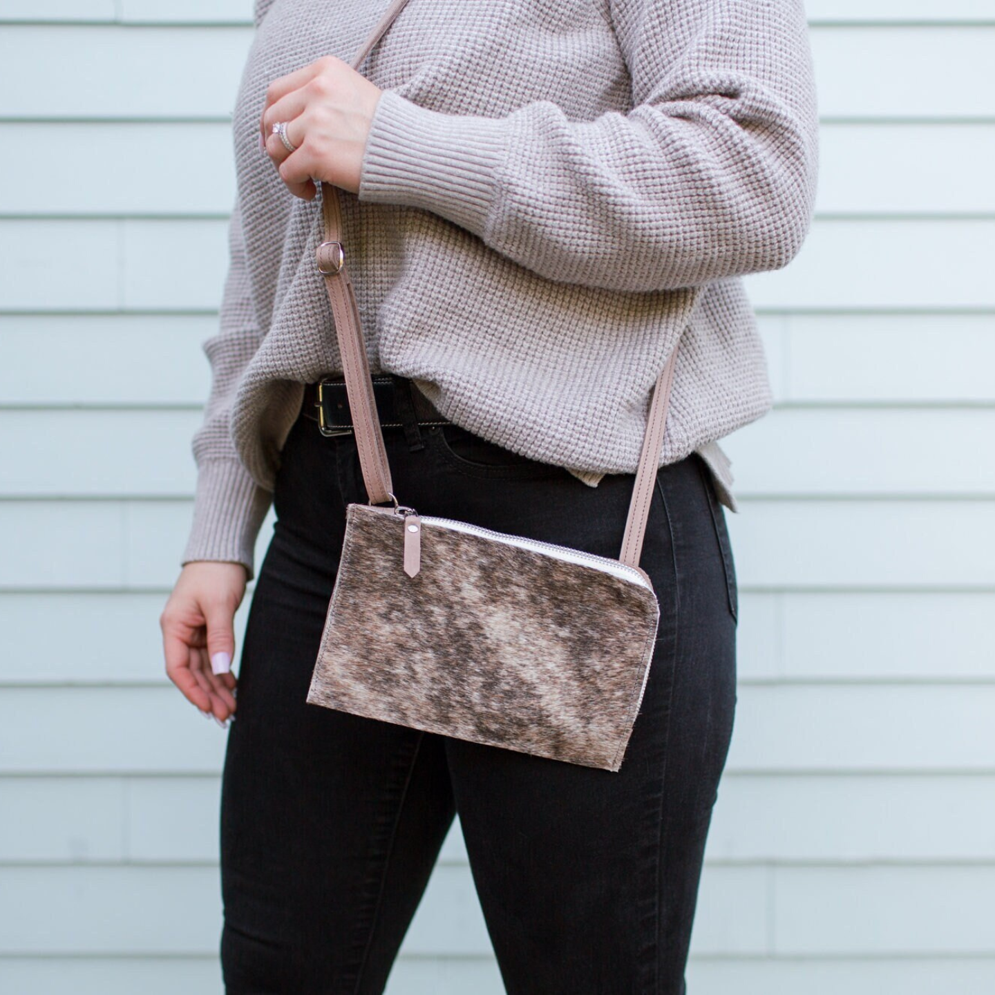 Zoe Cowhide Crossbody | Brindle Cowhide Fur Purse - Light Brown Leather with hair on Bag and Wallet Card Pockets