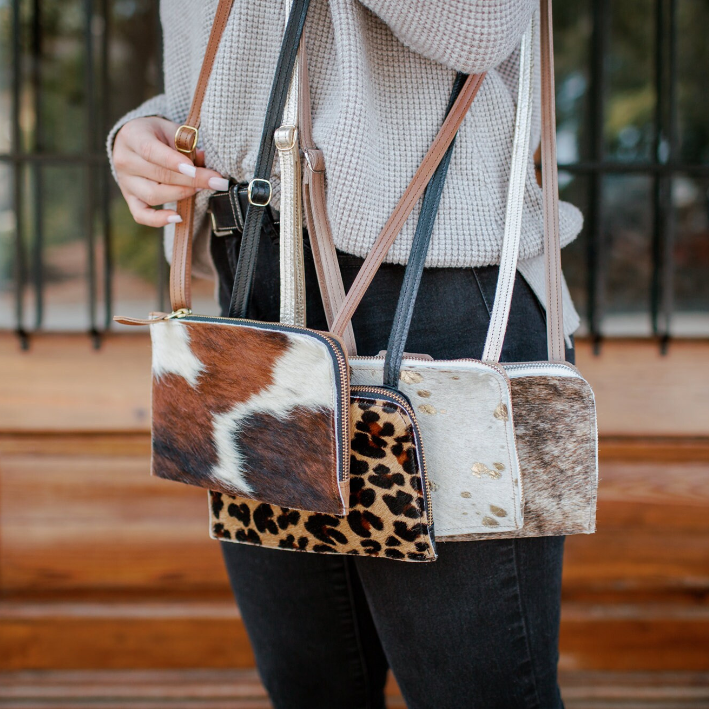 Zoe Cowhide Crossbody | Brindle Cowhide Fur Purse - Light Brown Leather with hair on Bag and Wallet Card Pockets