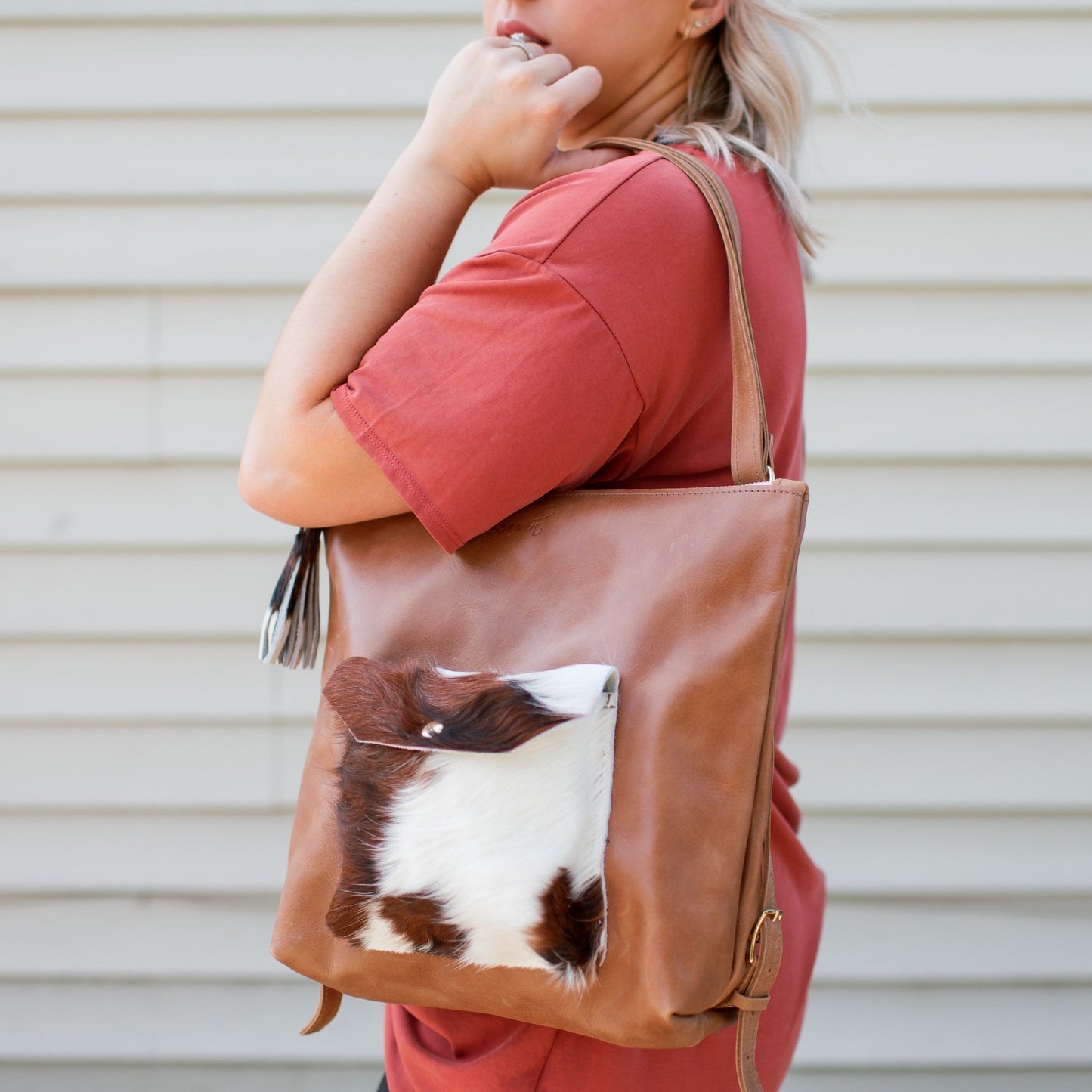Becka Backpack Purse - Brown+White