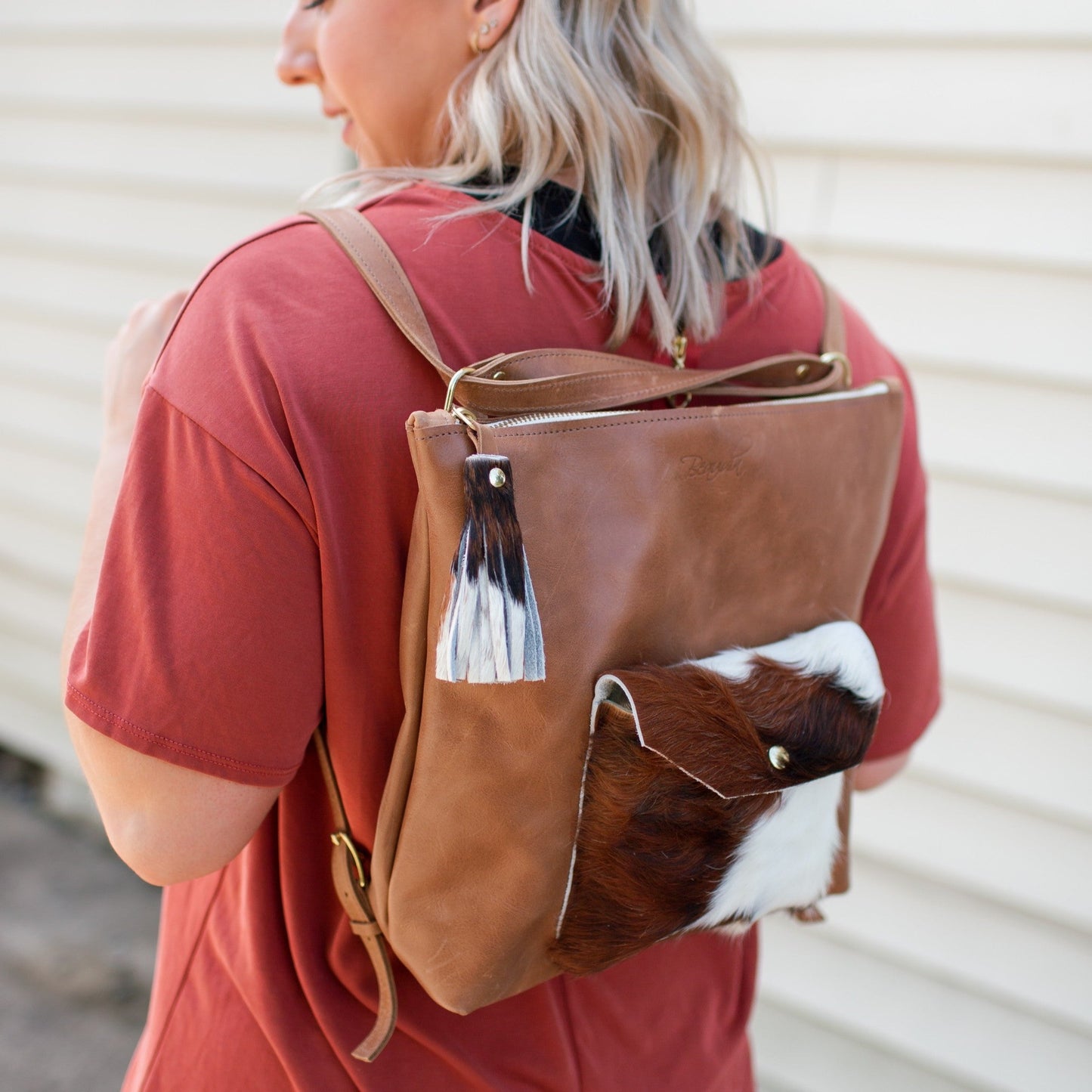 Becka Backpack Purse - Brown+White