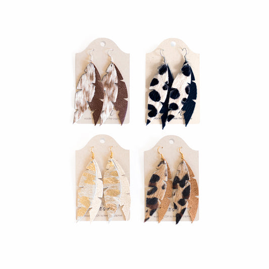Dove Feather Earrings In Leather (Pre Made)