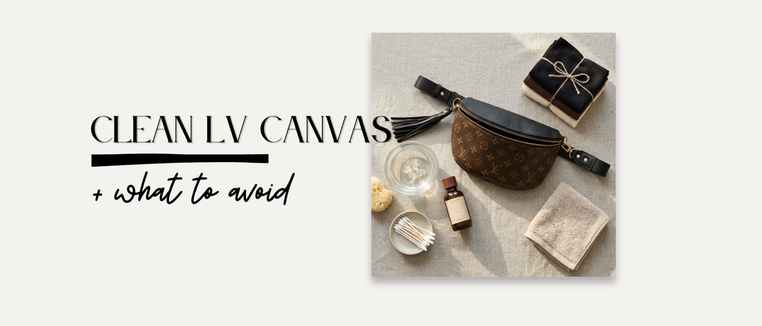 Gentle handbag care tools for cleaning coated canvas: microfiber cloth, mild soap, cotton swabs, and water.