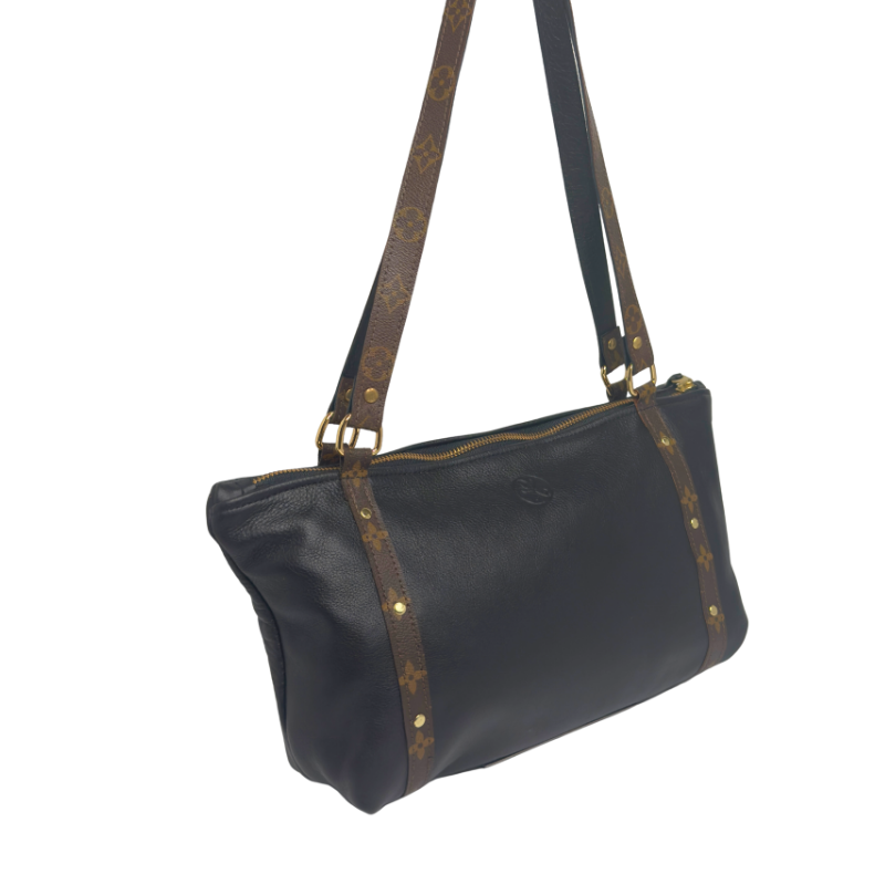 Stephanie Shoulder Bag In Black Leather | Upcycled LV