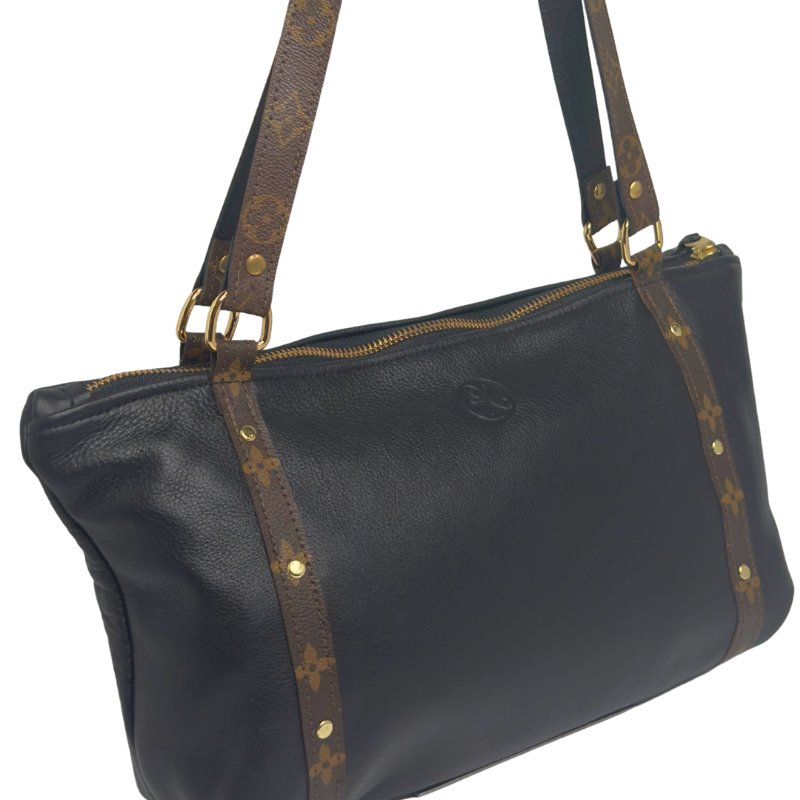 Stephanie Shoulder Bag In Black Leather | Upcycled LV