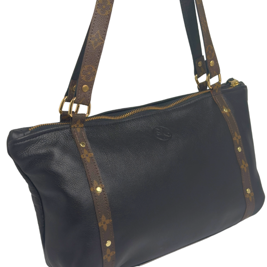 Stephanie Shoulder Bag In Black Leather | Upcycled LV