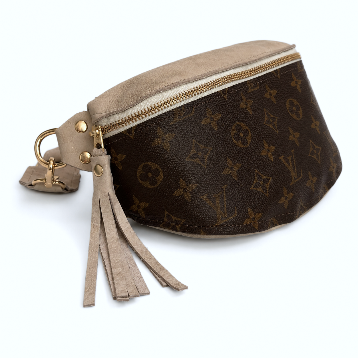 Britt Belt Bag in Stone Leather | Upcycled LV Full Front