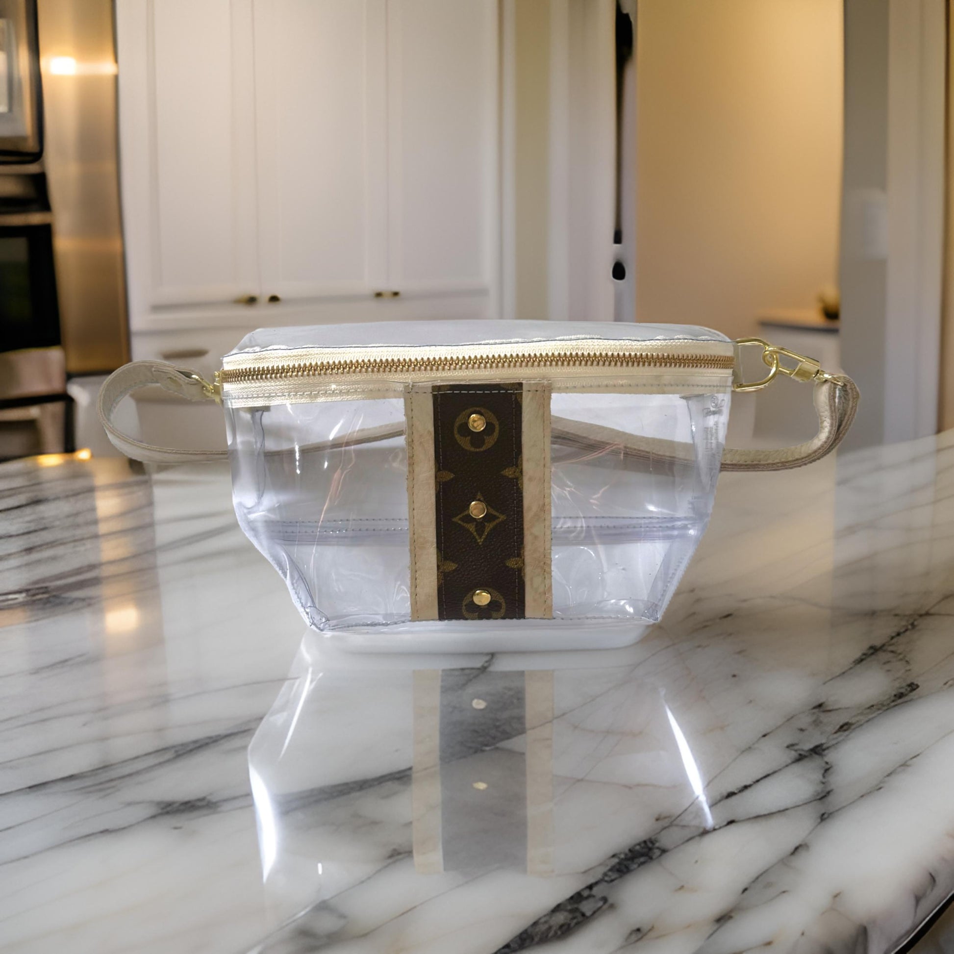LV designer clear belt bag on marble