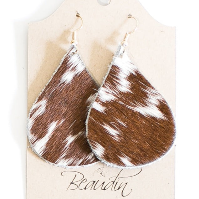 Hershey Teardrop Earrings In Hair on Hide (Pre Made)