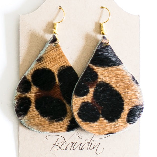 Hershey Teardrop Earrings In Hair on Hide (Pre Made)