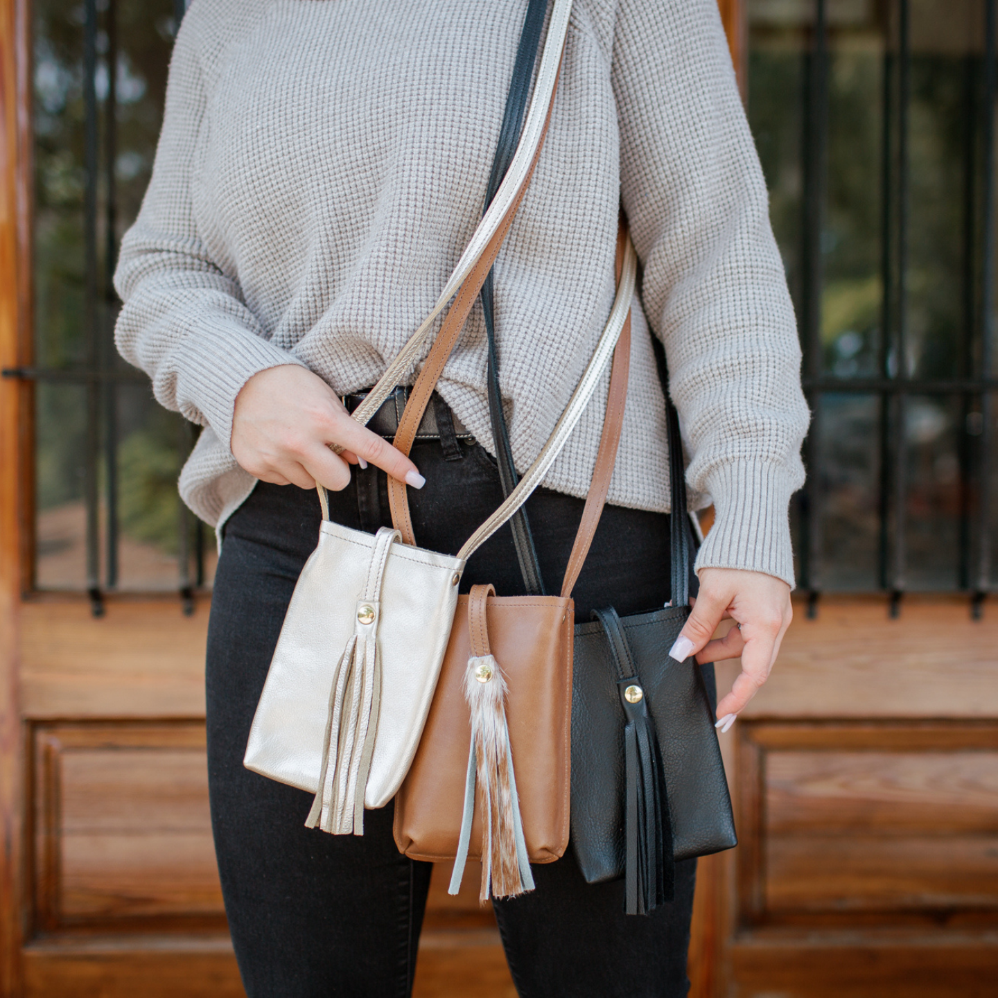 Leather Phone Purse Too - Phone Case with Tassel - Mini Bag - Gold Phone Cover with Cross Body Strap and Pocket