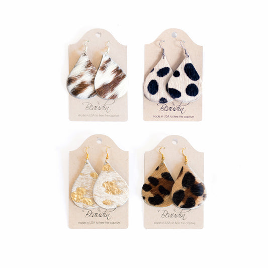 Hershey Teardrop Earrings In Hair on Hide (Pre Made)