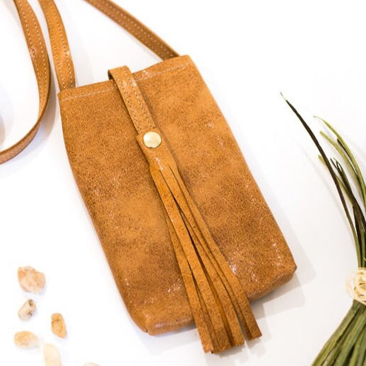 Leather Phone Purse Too - Tan Phone Case - Light Brown Leather Crossbody with Tassel - Mini Bag - Camel Phone Cover - Boho Style