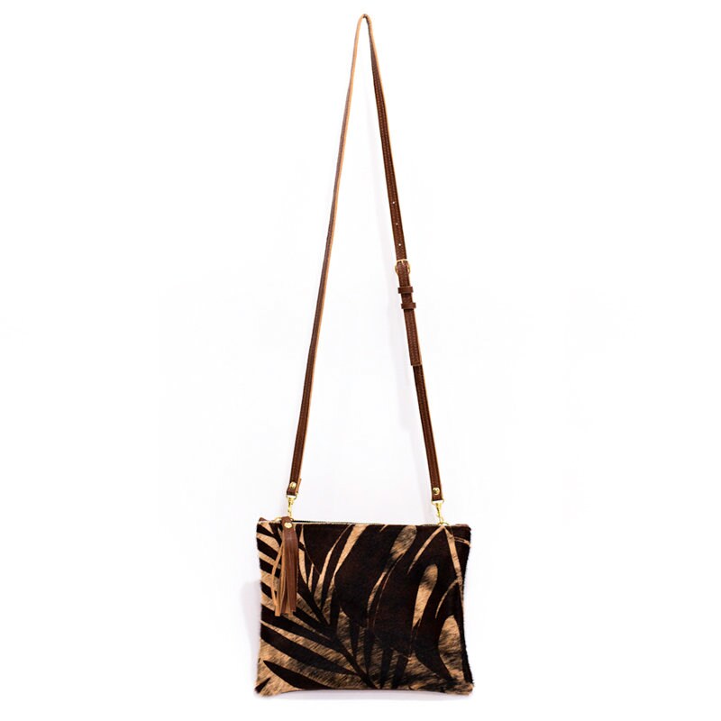 Tropical Print Crossbody - Cowhide Bag - Brown Leather with Palm Leaf Print Fur - Cowhide Purse, Hair on Hide