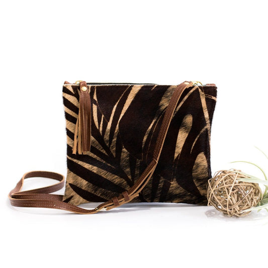 Tropical Print Crossbody - Cowhide Bag - Brown Leather with Palm Leaf Print Fur - Cowhide Purse, Hair on Hide