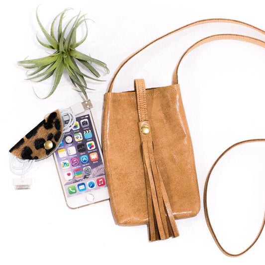 Leather Phone Purse Too - Tan Phone Case - Light Brown Leather Crossbody with Tassel - Mini Bag - Camel Phone Cover - Boho Style