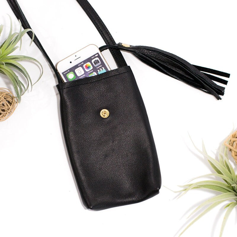 Leather Phone Purse Too - Black Phone Case - Black Leather Crossbody with Tassel - Mini Bag - Phone Cover Cross Body Strap Pocket - Boho